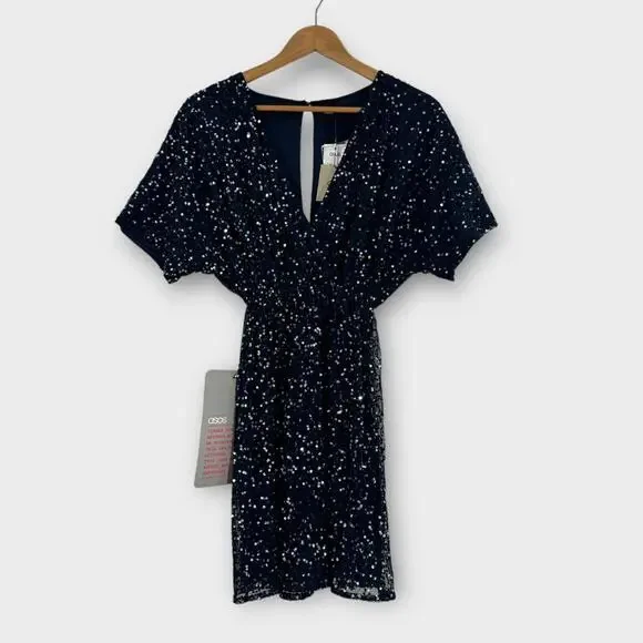 ASOS | Dresses | Asos Womens Size Xs Dark Blue Sequin Kimono Sleeve Elastic  Waist Mini Dress | Poshmark